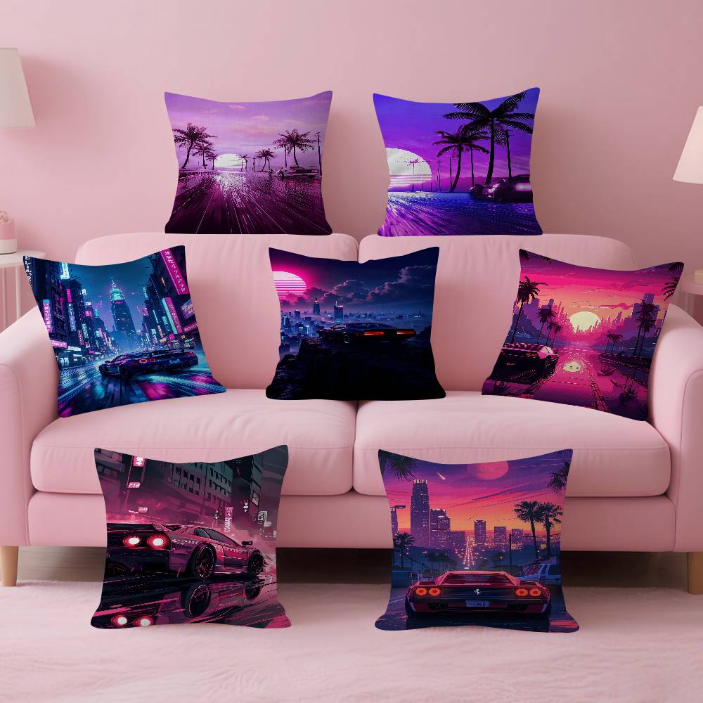 Home Textiles City - Neon Gece Şehir Manzarası 80'ler Cyberpunk